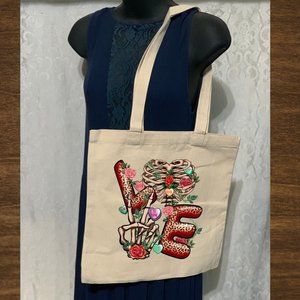 LOVE Skeleton Double Strap Cotton Canvas Shoulder Tote Bag